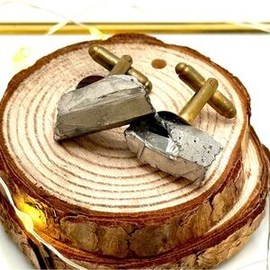 Vintage Brutalist Raw Pyrite Stone Cufflinks – Natural Mineral Rock Jewelry MCM